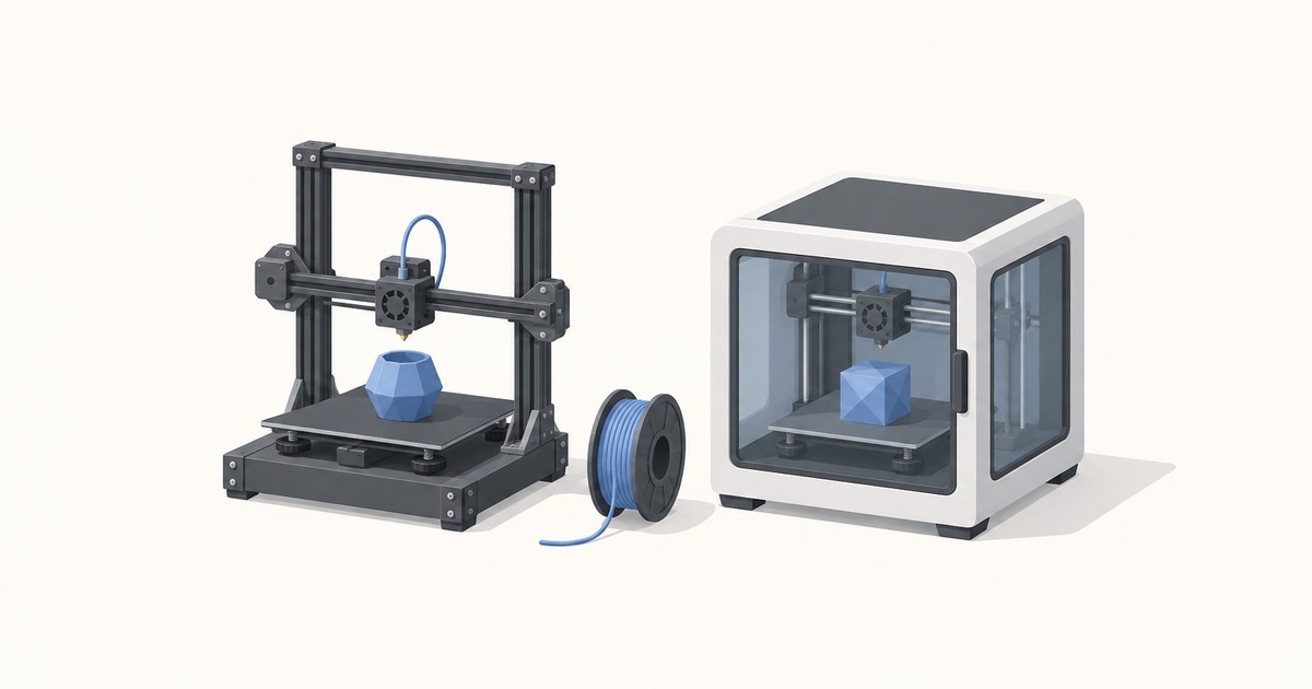An open-frame 3D printer and an enclosed cube 3D printer, each printing a blue geometric part, with a spool of blue filament placed between them.
