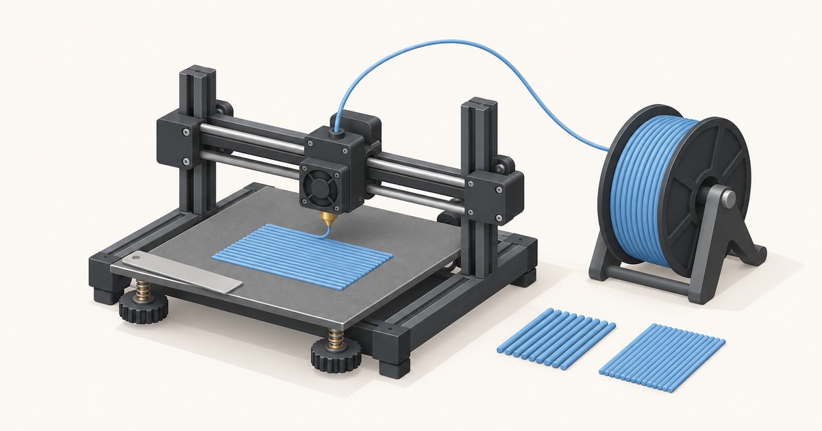 Desktop 3D printer with knurled bed leveling knobs, a metal feeler gauge, and blue filament first layer lines fed from a spool, beside two test strip samples