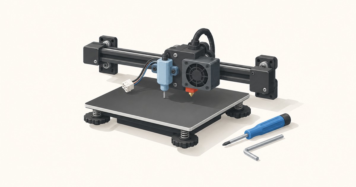 3D printer gantry with a blue bed-leveling probe beside the fan-cooled hotend over a spring-mounted bed, with a screwdriver and hex key nearby
