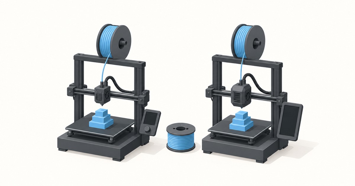 Two dark gray bed-slinger 3D printers with blue filament spools on top side by side, one with a knob display and one with a larger touchscreen, a spare spool between