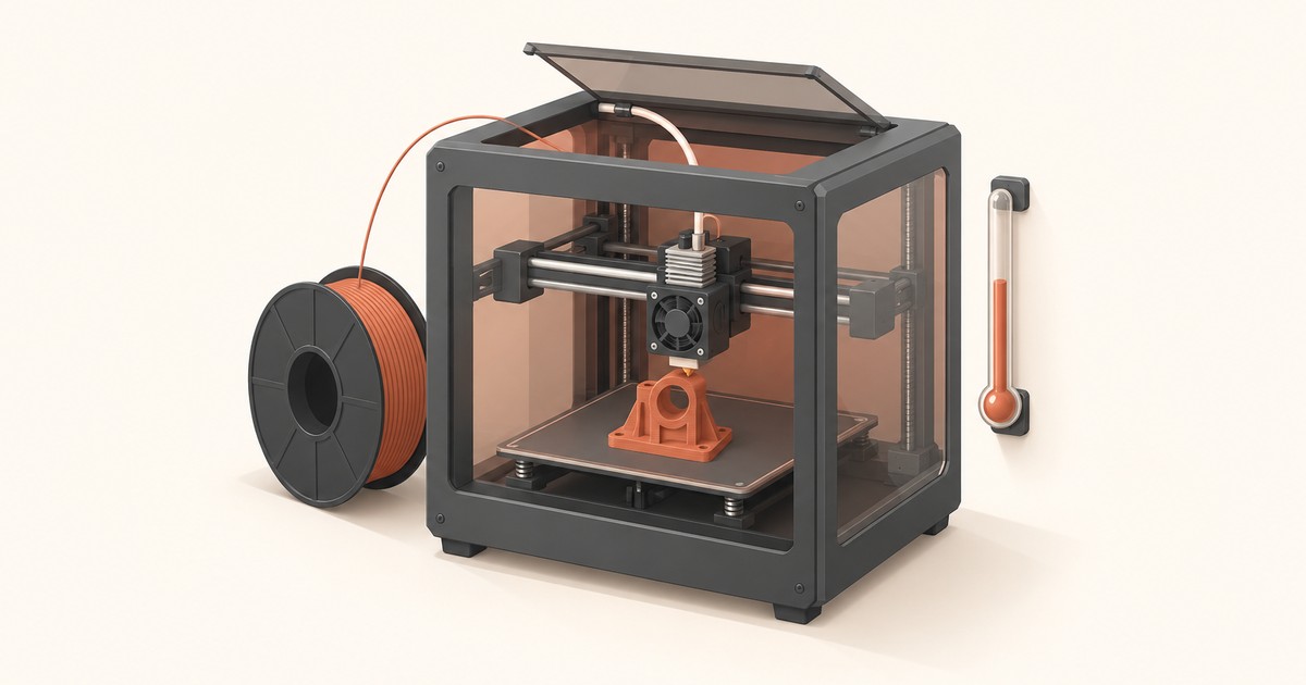 Enclosed 3D printer with tinted panels and a raised lid printing an orange bracket, next to an orange filament spool and a wall-mounted thermometer