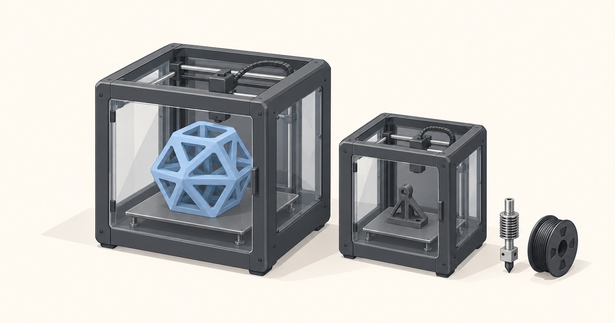 A large enclosed 3D printer holding a blue lattice print sits beside a smaller enclosed printer, with a hotend nozzle and a black filament spool.