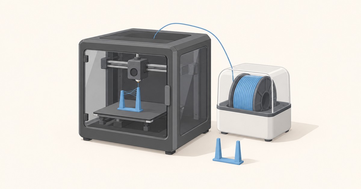 Enclosed 3D printer printing a blue two-post stringing test with fine strands, fed by a blue filament spool in a clear dry box, a clean test piece in front