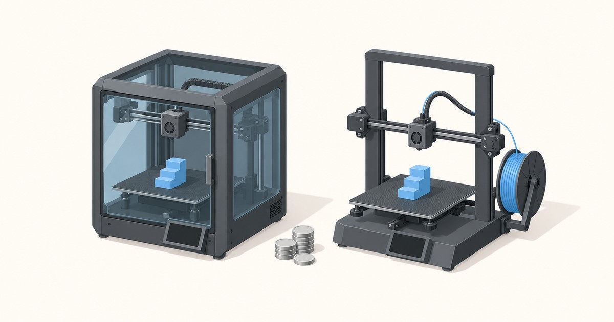 An enclosed glass-walled 3D printer and an open-frame bed-slinger printer, each printing a blue stepped part, with stacks of coins between them