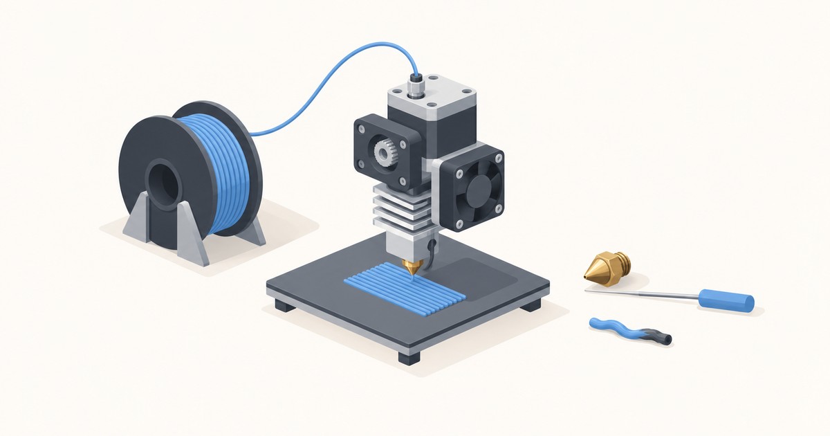 Isometric 3D printer hotend with heat sink fins and cooling fan over a print bed, blue filament spool, spare brass nozzle, cleaning needle and a burnt filament strand