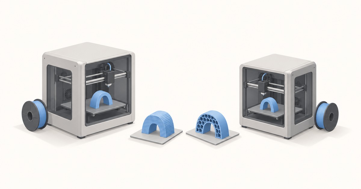 Two enclosed 3D printers with blue filament spools flank two blue printed arches, one solid-layered and one with honeycomb infill, comparing slicer results