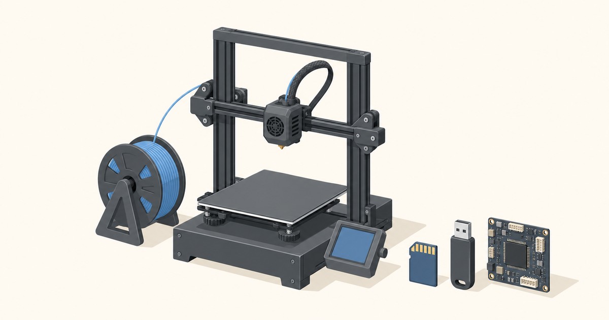 Flat-style 3D printer with a blue filament spool and touchscreen, next to an SD card, USB flash drive and mainboard used for firmware updates