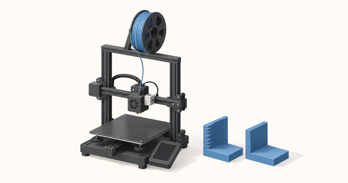 Black bed-slinger 3D printer with a blue filament spool beside two blue L-shaped test prints, one with ringing ripples and one with smooth walls