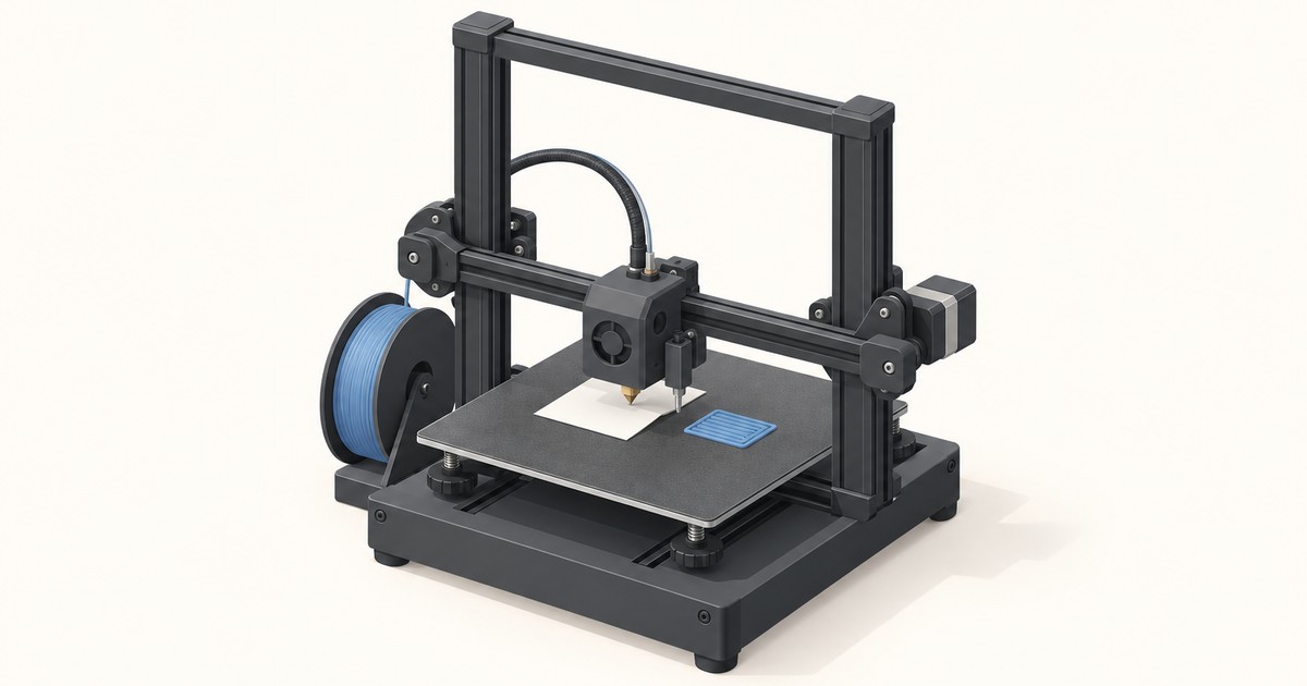 Black 3D printer with blue filament spool, nozzle lowered over a sheet of paper on the build plate to set Z offset, next to a small blue printed square